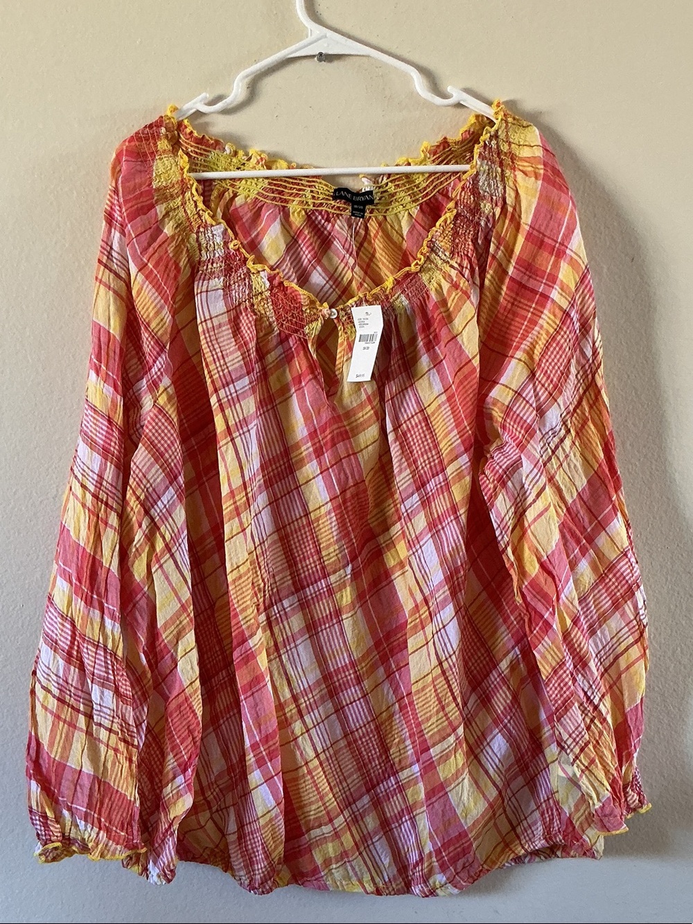 Lane Bryant Yellow & Coral Plaid Peasant Blouse - Picture 2 of 11